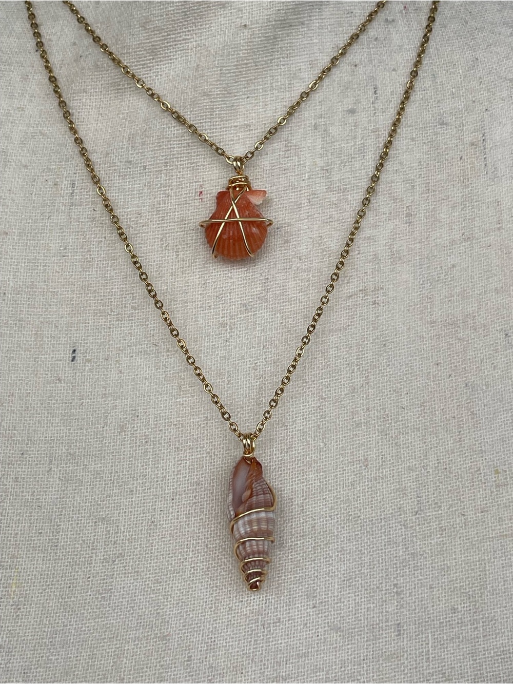 Dainty Layered Orange Clam and Tan Spiral Shell Necklace on Gold Chain